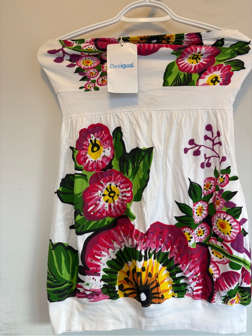 Desigual White Strapless Dress with Pink & Green Floral Print